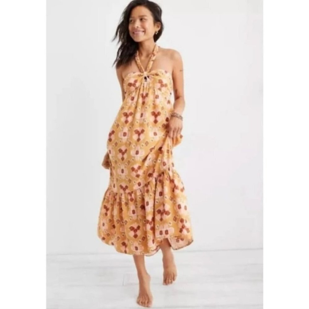 Aerie Linen Blend Braided Halter Midi Dress NWOT